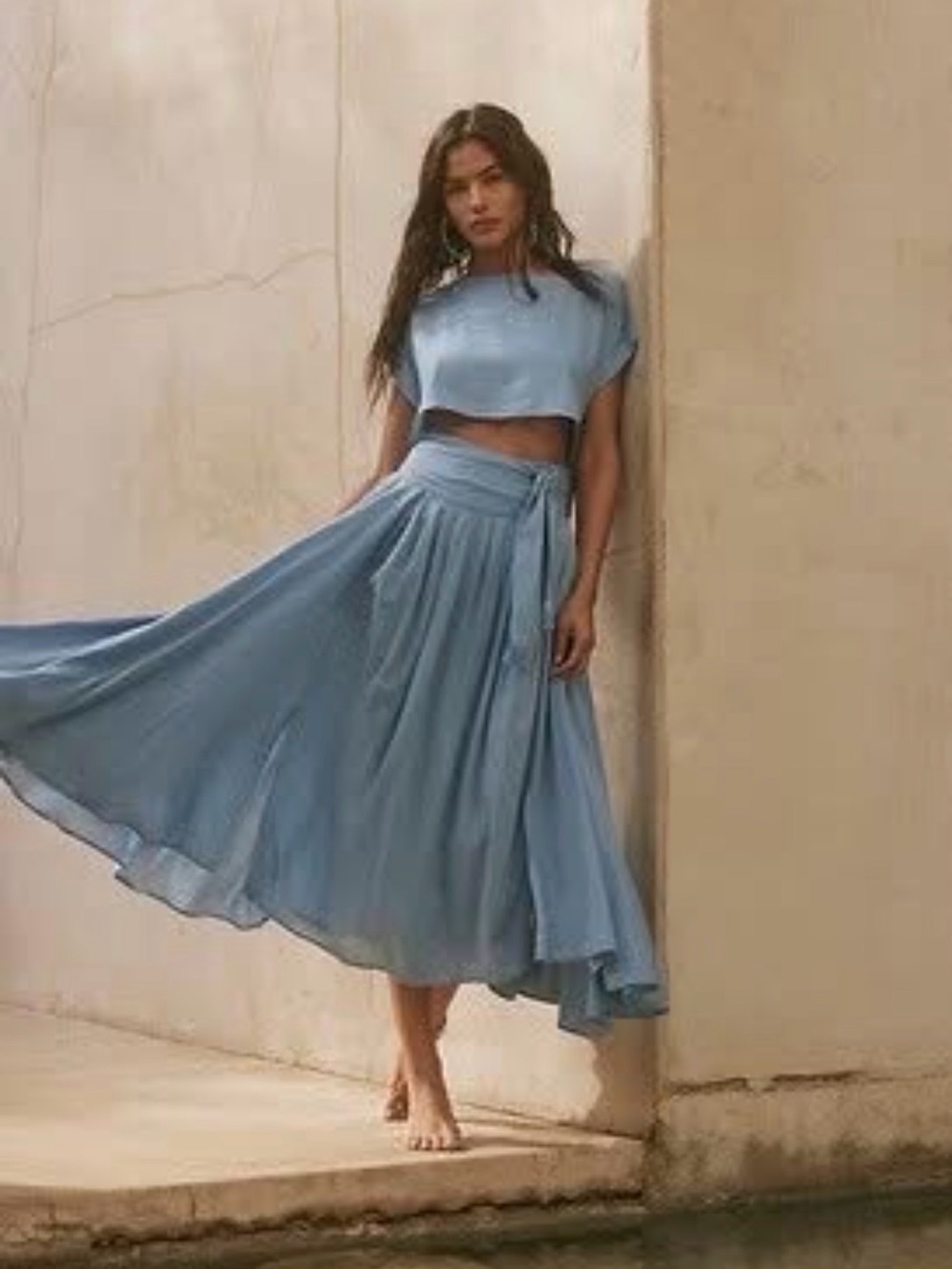 Free People Blue cotton  Two Piece Crop Top Maxi Skirt Set Small